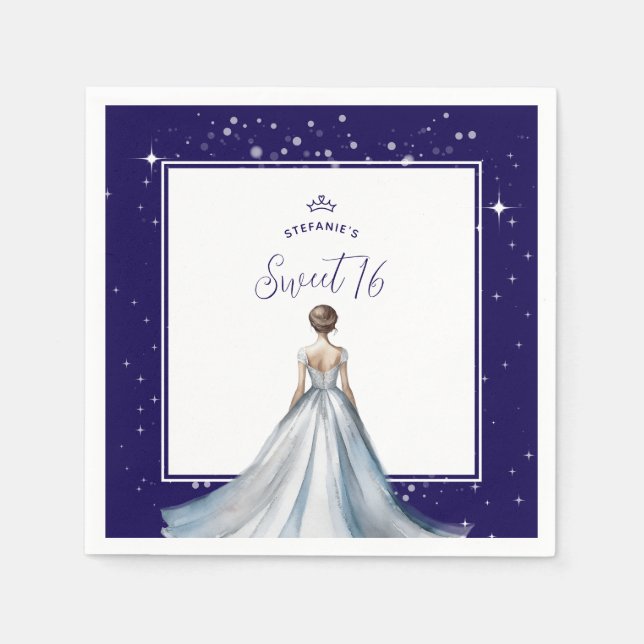Sweet 16 Silver Ball Gown Dress Navy Blue Birthday Napkin (Front)