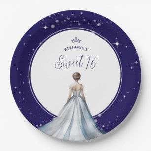 Sweet 16 Silver Ball Gown Dress Navy Blue Birthday Paper Plate