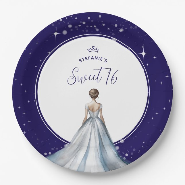 Sweet 16 Silver Ball Gown Dress Navy Blue Birthday Paper Plate (Front)