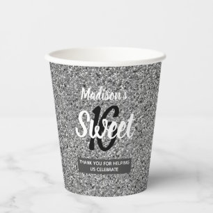 Sweet 16 Silver Black Glitter Personalised Paper Cups