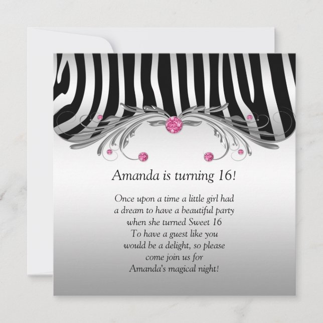 Sweet 16 Silver Black Zebra FAUX Pink Jewels Bling Invitation (Front)