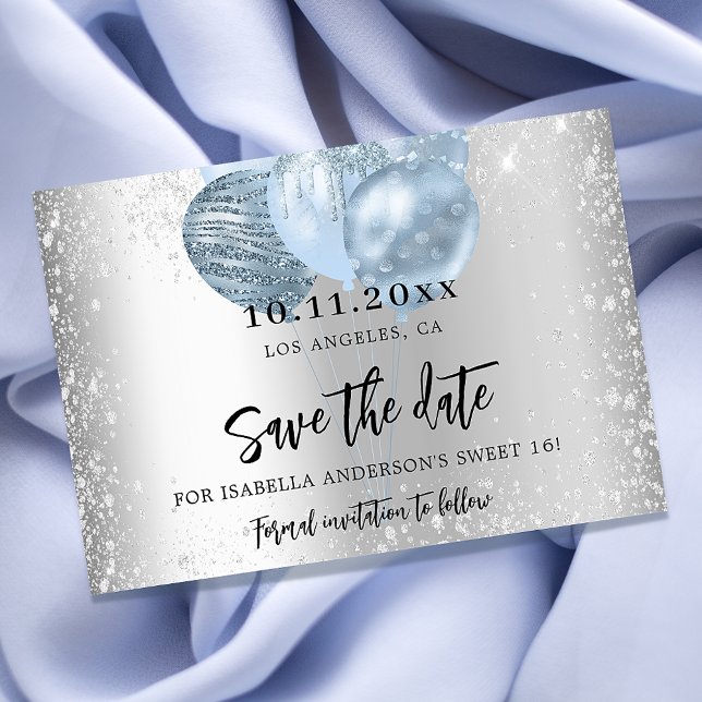 Sweet 16 silver blue balloons sparkles script save the date (Creator Uploaded)
