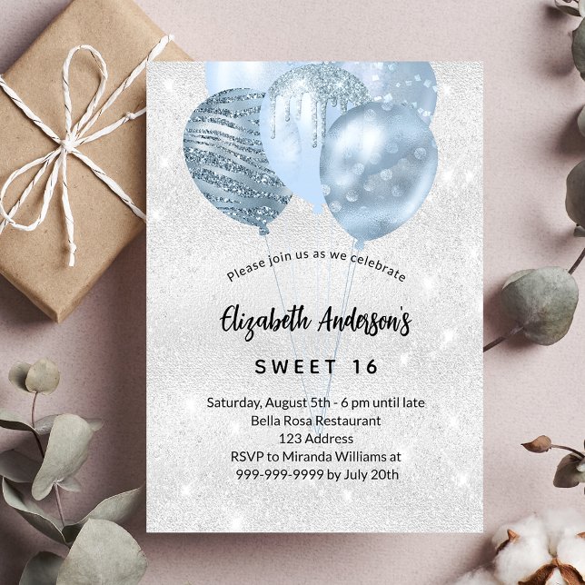 Sweet 16 silver blue glitter balloons glamourous invitation (Creator Uploaded)