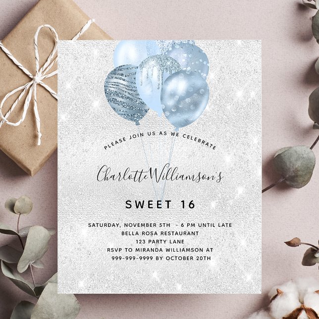 Sweet 16 silver blue glitter budget invitation flyer (Creator Uploaded)
