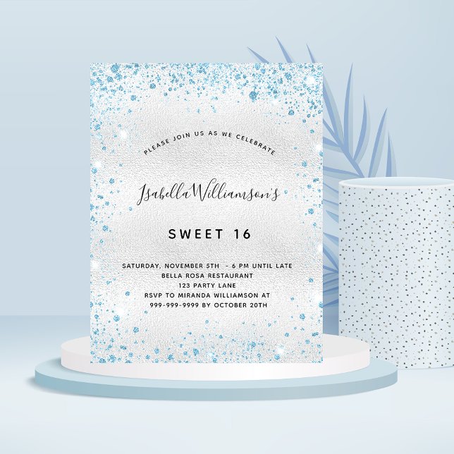 Sweet 16 silver blue glitter budget invitation flyer (Creator Uploaded)