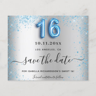 Sweet 16 silver blue glitter budget save the date flyer