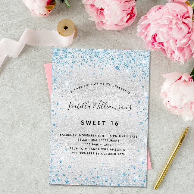 Sweet 16 silver blue glitter dust sparkle invitation postcard (Creator Uploaded)