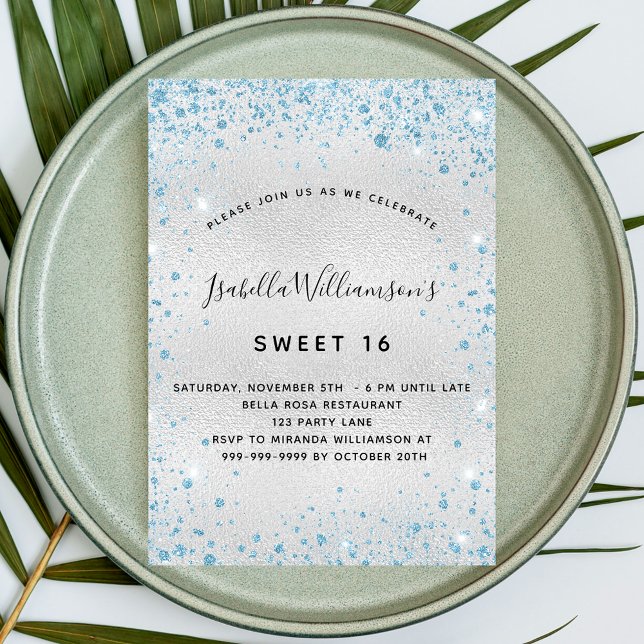 Sweet 16 silver blue glitter elegant party invitation (Creator Uploaded)