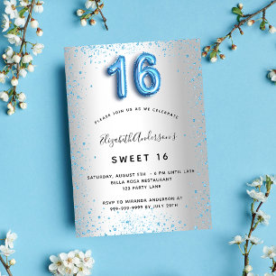 Sweet 16 silver blue glitter glamourous invitation