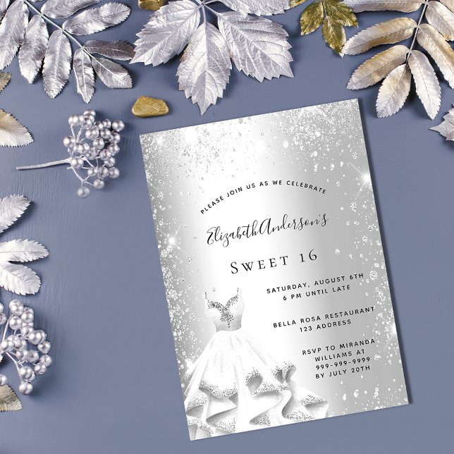 Sweet 16 silver dress glitter invitation (Creator Uploaded)