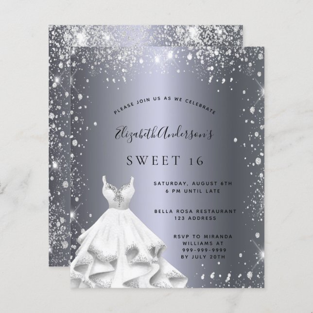 Sweet 16 silver dress glitter invitation (Front/Back)