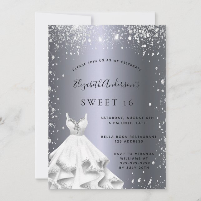 Sweet 16 silver dress glitter sparkle glamourous invitation (Front)