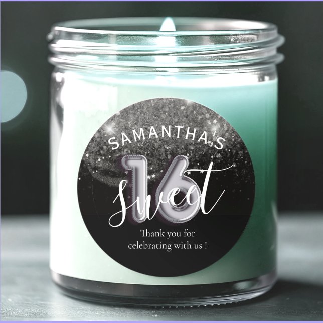 Sweet 16 Silver Glitter Black &  Balloon Number Classic Round Sticker (Creator Uploaded)