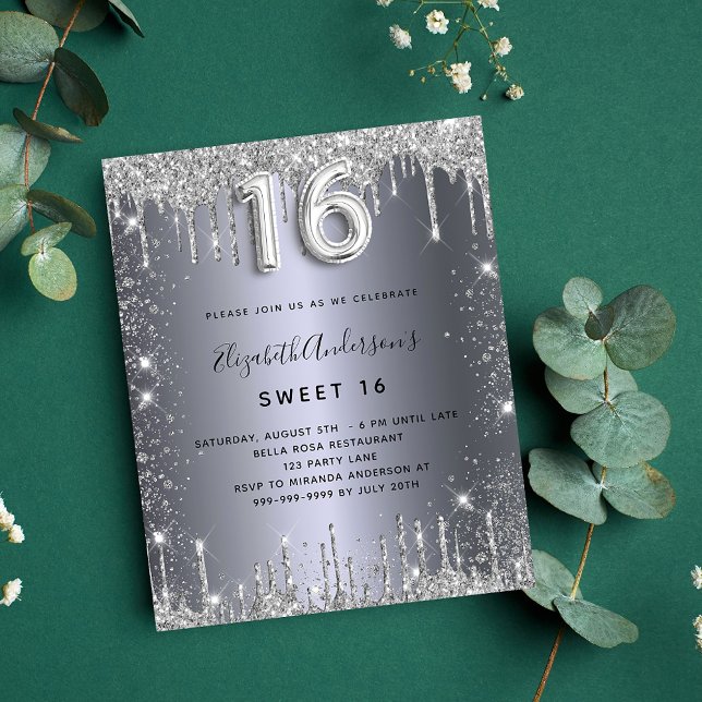 Sweet 16 silver glitter drips budget invitation flyer (Creator Uploaded)