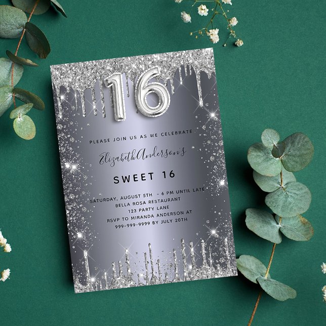 Sweet 16 silver glitter drips invitation (Creator Uploaded)