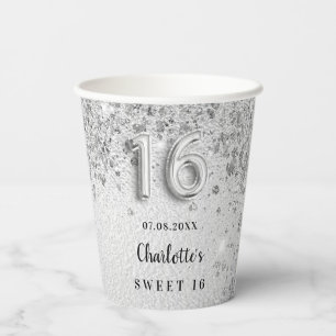 Sweet 16 silver glitter dust monogram name paper cups