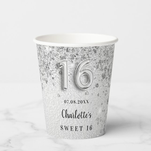 Sweet 16 silver glitter dust monogram name paper cups (Back)