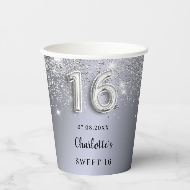 Sweet 16 silver glitter dust monogram paper cups (Front)