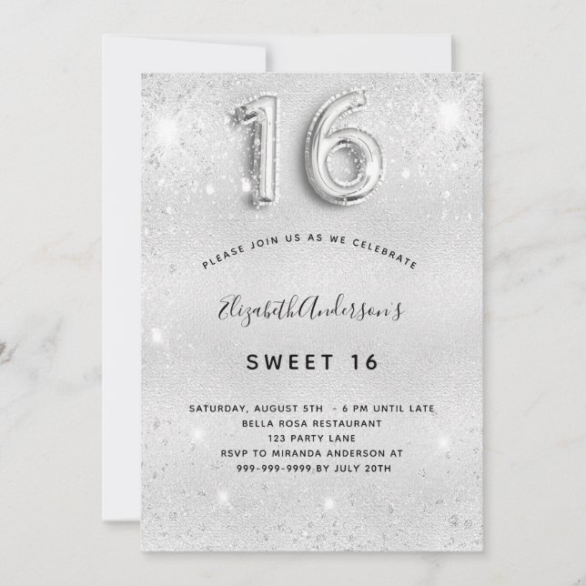 Sweet 16 silver glitter glamourous invitation (Front)