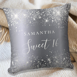 Sweet 16 silver glitter name script cushion