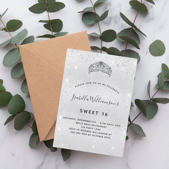 Sweet 16 silver glitter tiara crown sparkle invitation (Creator Uploaded)