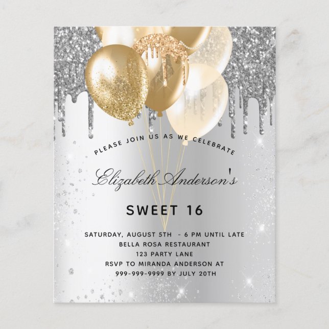 Sweet 16 silver gold balloons budget invitation flyer (Front)