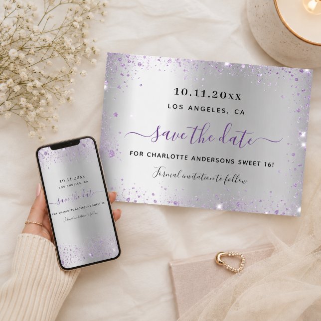 Sweet 16 silver lavender save the date card (Creator Uploaded)
