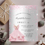 Sweet 16 silver pink dress budget invitation<br><div class="desc">A modern,  stylish and glamourous invitation for a Sweet 16,  16th birthday party.  A faux silver metallic looking background with pink faux glitter dust and a dress.  The name is written with a modern hand lettered style script.  Personalise and add your party details.</div>