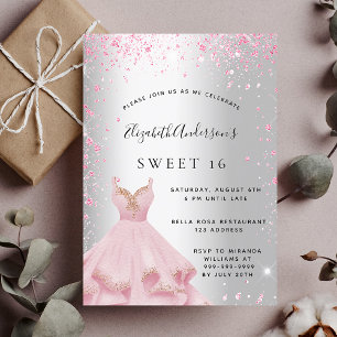 Sweet 16 silver pink dress glitter glamourous invitation
