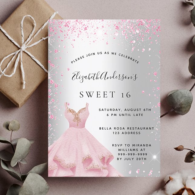 Sweet 16 silver pink dress glitter glamourous invitation (Creator Uploaded)