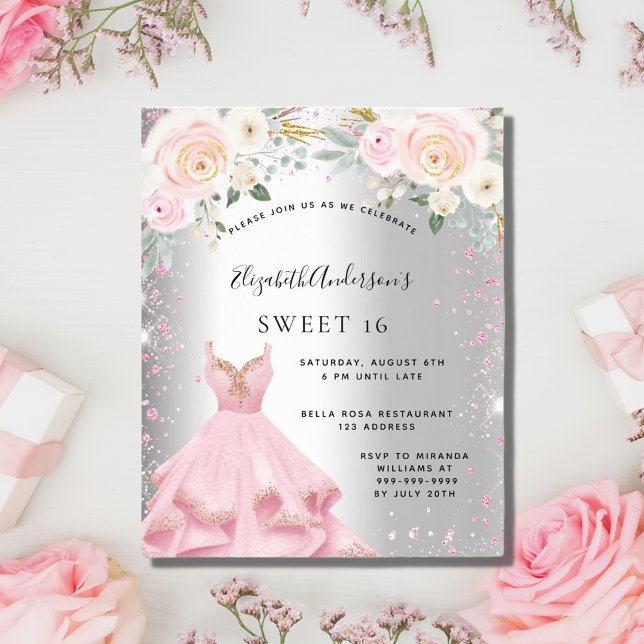 Sweet 16 silver pink dress glitter invitation (Creator Uploaded)