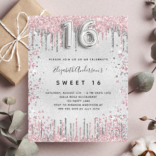 Sweet 16 silver pink glitter budget invitation flyer