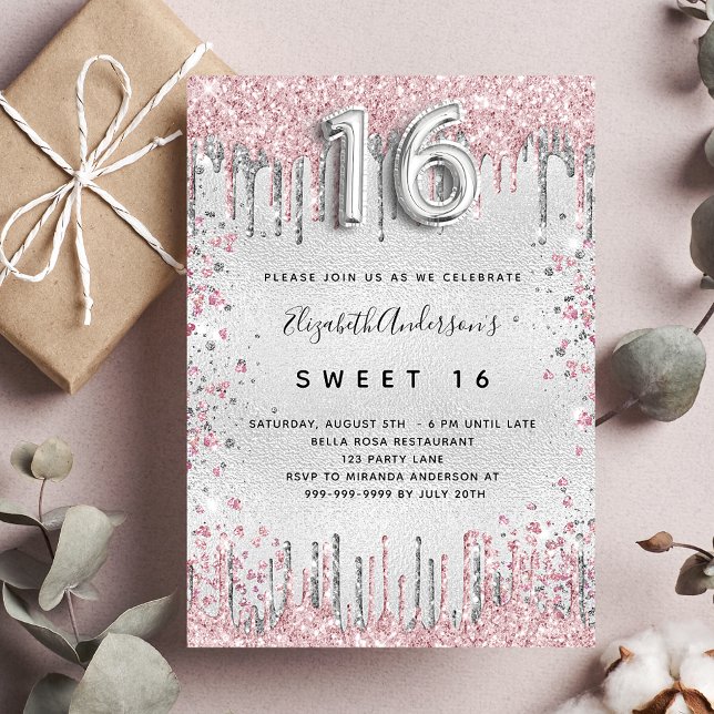 Sweet 16 silver pink glitter drips glamourous invitation (Creator Uploaded)