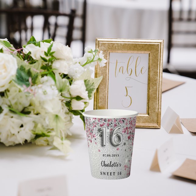 Sweet 16 silver pink glitter sparkles name party paper cups (Creator Uploaded)