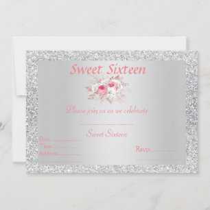 Sweet 16 silver pink peach floral invitation