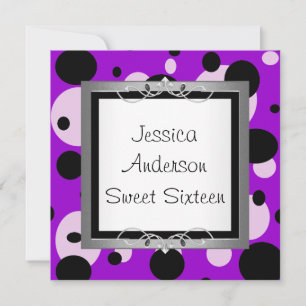 Sweet 16 Silver Purple Black White Spots Frame Invitation