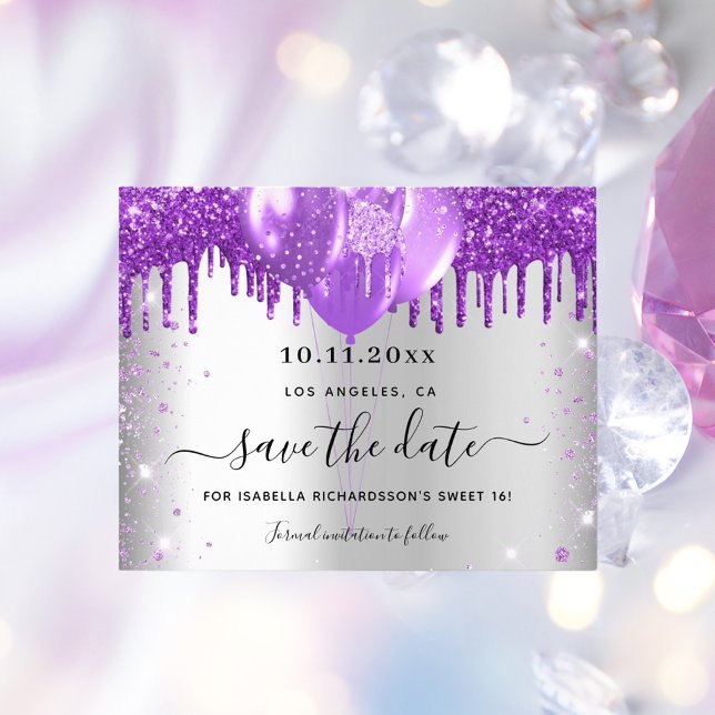 Sweet 16 silver purple budget save the date flyer (Creator Uploaded)