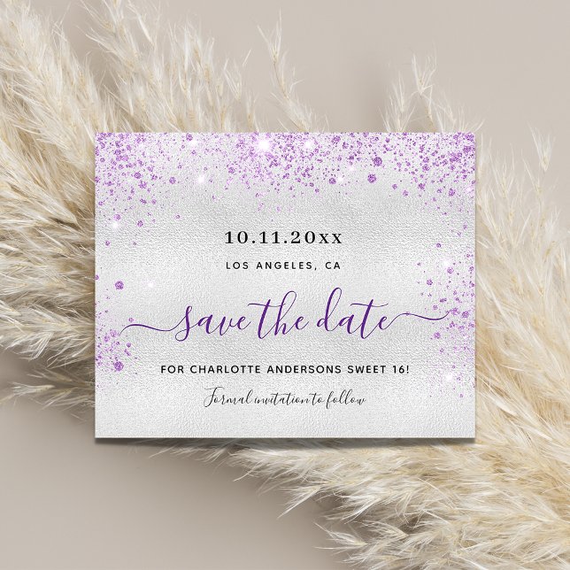 Sweet 16 silver purple budget save the date flyer (Creator Uploaded)