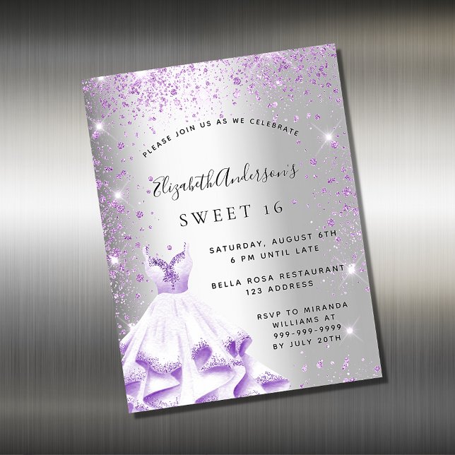 Sweet 16 silver purple dress invitation magnet (Creator Uploaded)