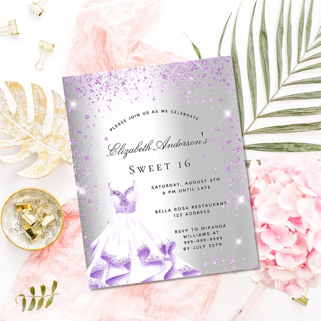 Sweet 16 silver purple glitter budget invitation flyer (Creator Uploaded)