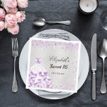 Sweet 16 silver purple glitter dress name napkin<br><div class="desc">Elegant and glamourous and girly for a Sweet 16,  16th birthday party.  A faux silver metallic looking background decorated with purple faux glitter dust.  Personalise and add a name and date. 
The text: Sweet 16 and the name are written with modern lettered style scripts.</div>