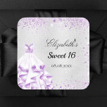 Sweet 16 silver purple glitter dust dress name square sticker<br><div class="desc">Elegant and glamourous and girly for a Sweet 16,  16th birthday party.  A faux silver metallic looking background decorated with purple faux glitter dust.  Personalise and add a name and date. 
The text: Sweet 16 and the name are written with modern lettered style scripts.</div>