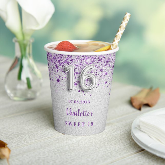 Sweet 16 silver purple glitter dust monogram paper cups (Insitu)