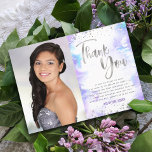 Sweet 16 Silver Purple Watercolor Photo Modern Thank You Card<br><div class="desc">“Thank you”. Here’s a fun, sparkly way for the birthday girl to show her appreciation to all who supported her milestone event! Send out this stunning, simple, festive, modern, personalised thank you note. Her photo on the left side and on the right, sparkly faux silver foil, tiny confetti glitter dots...</div>