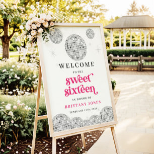Sweet 16 Silver Retro Disco PINK Glitter welcome Poster