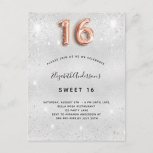 Sweet 16 silver rose gold glitter invitation postcard