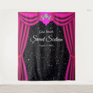 Sweet 16 Silver Rose Pink Curtain Black Glitter Tapestry