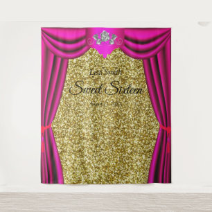 Sweet 16 Silver Rose Pink Curtain Gold Glitter Tapestry