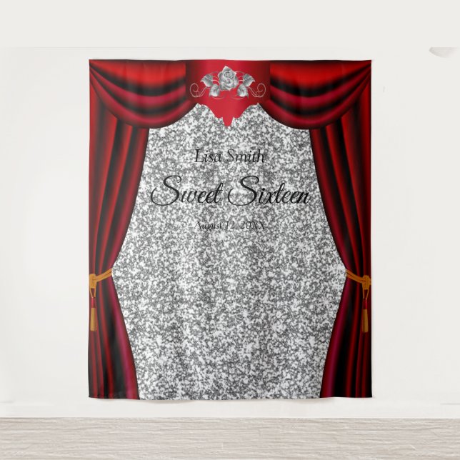 Sweet 16 Silver Rose Red Curtain Silver Glitter Tapestry (Front)