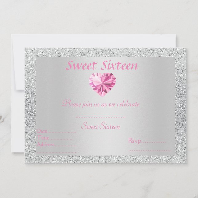 Sweet 16 silver sparkle pink diamond invitation (Front)
